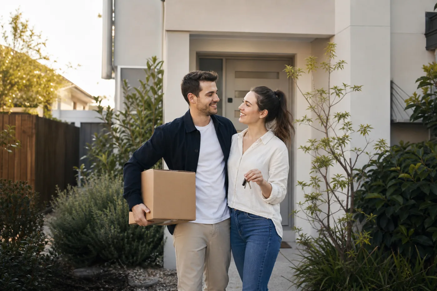 Australian home buyers outside their new townhouse