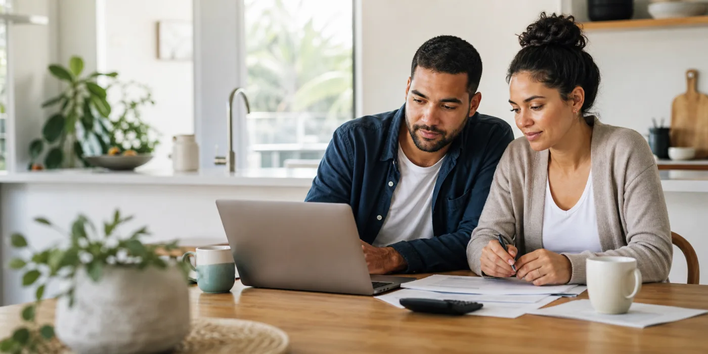 Australian couple reviewing their home-loan figures together
